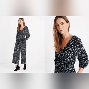 Madewell Black Ruffle-Sleeve Tie-Waist Jumpsuit in Baby's Breath - Size XS